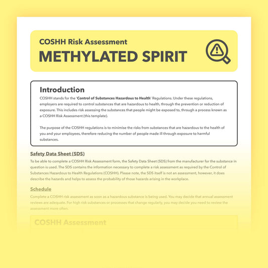 Prefillled COSHH risk assessment for methylated spirit