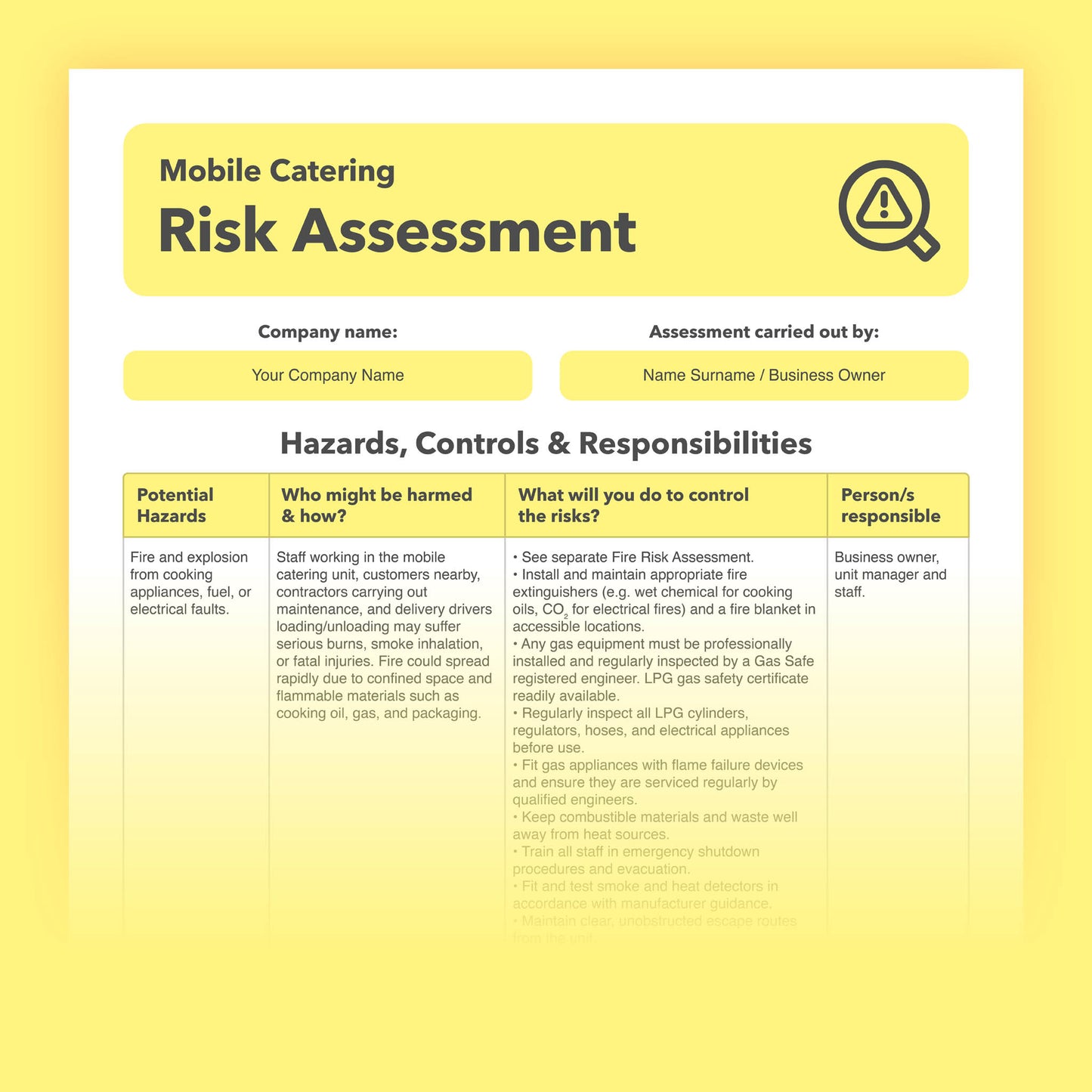 Editable, pre-filled risk assessment for mobile catering businesses, food vans, and street food traders – easy to use and fully compliant with health and safety regulations.