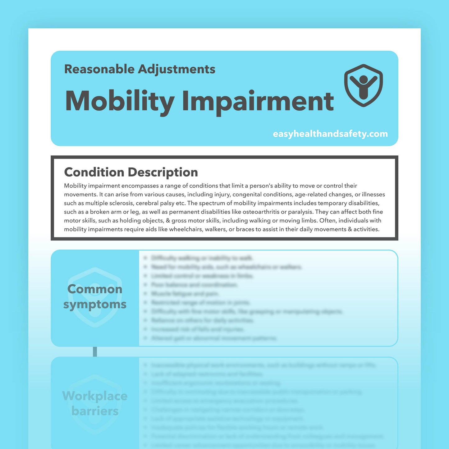 Reasonable adjustments guide for individuals with mobility impairment in the workplace.