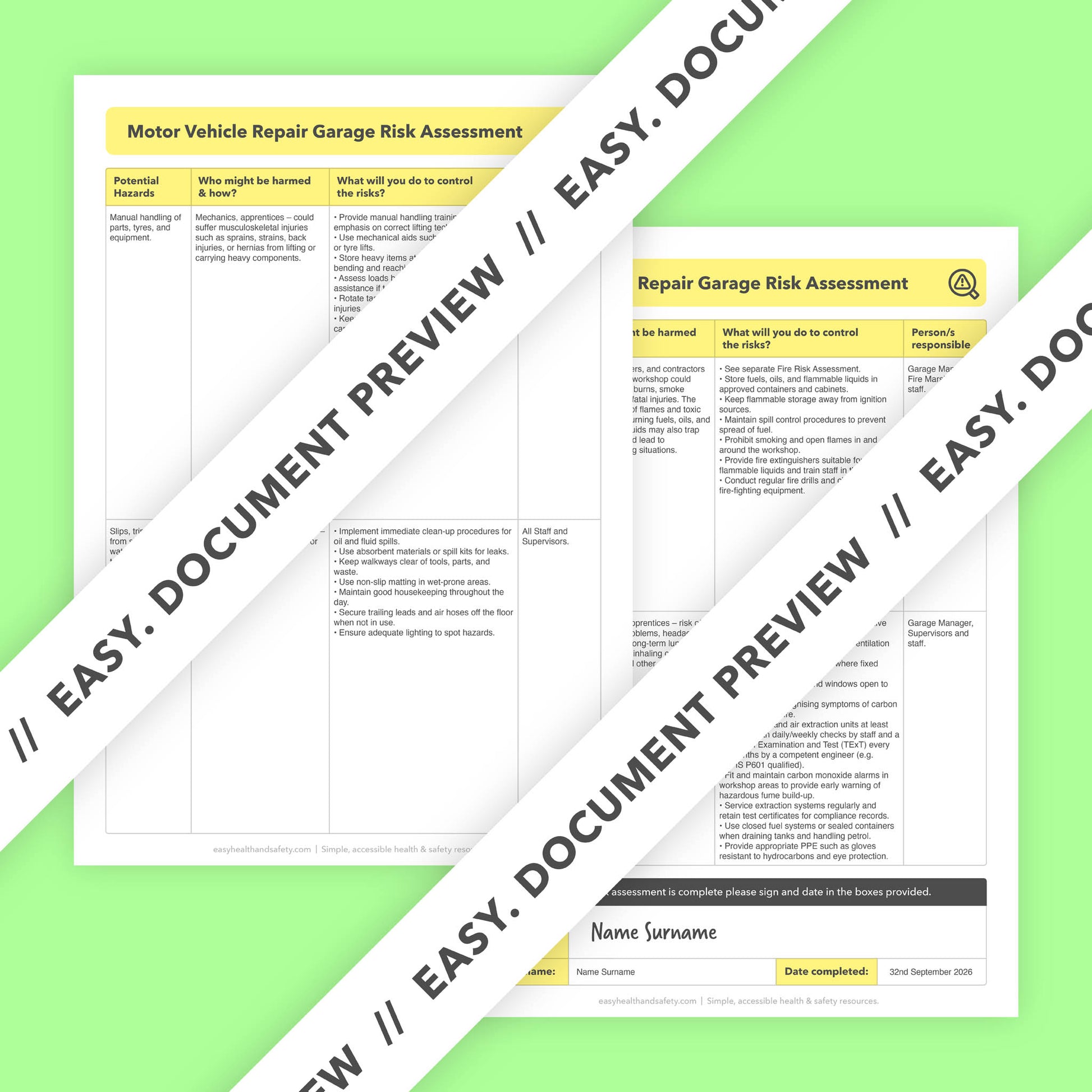 Editable, pre-filled risk assessment for car mechanics, motor vehicle repair garages, and workshops – fully compliant with health and safety regulations.