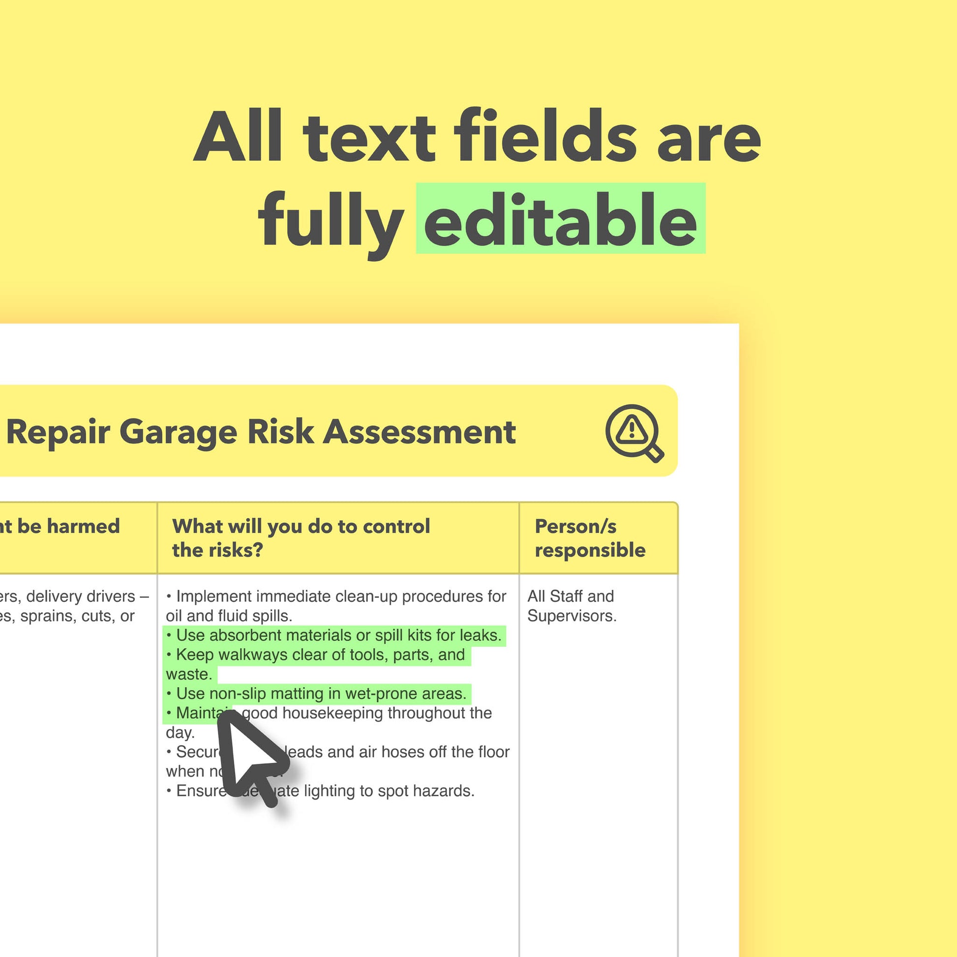 Editable, pre-filled risk assessment for car mechanics, motor vehicle repair garages, and workshops – fully compliant with health and safety regulations.