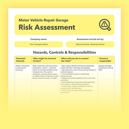 Editable, pre-filled risk assessment for car mechanics, motor vehicle repair garages, and workshops – fully compliant with health and safety regulations.