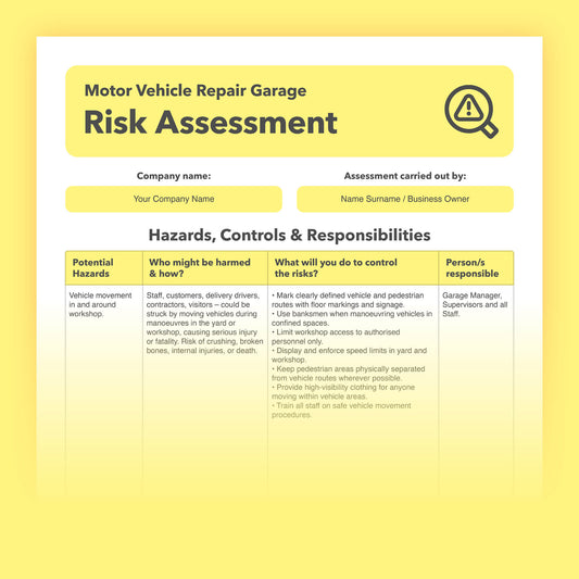Editable, pre-filled risk assessment for car mechanics, motor vehicle repair garages, and workshops – fully compliant with health and safety regulations.