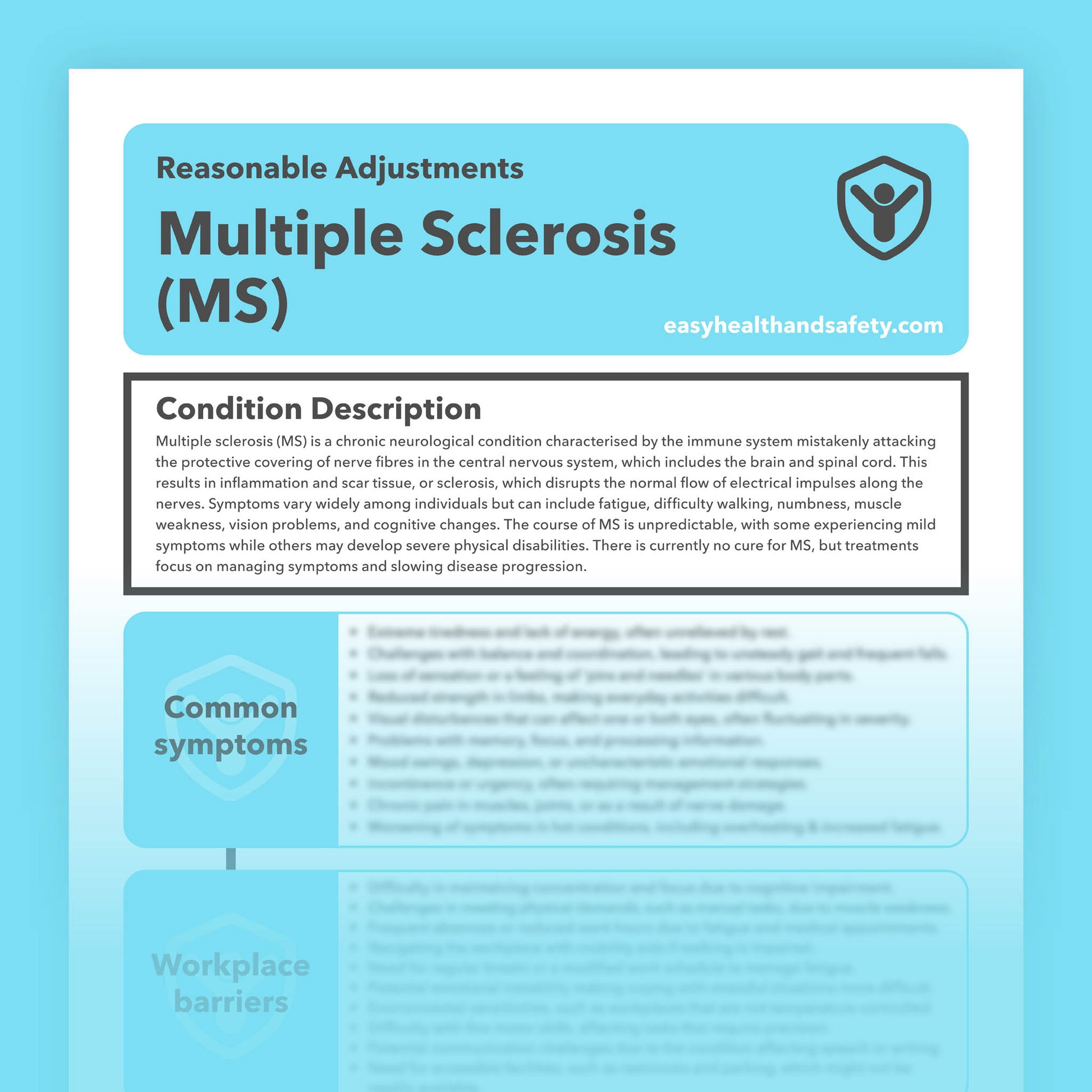 Reasonable adjustments guide for individuals with Multiple Sclerosis (MS) in the workplace.