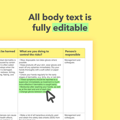 Editable, pre-filled risk assessment template for nail salons, manicurists and pedicurists – fully compliant with health and safety regulations.