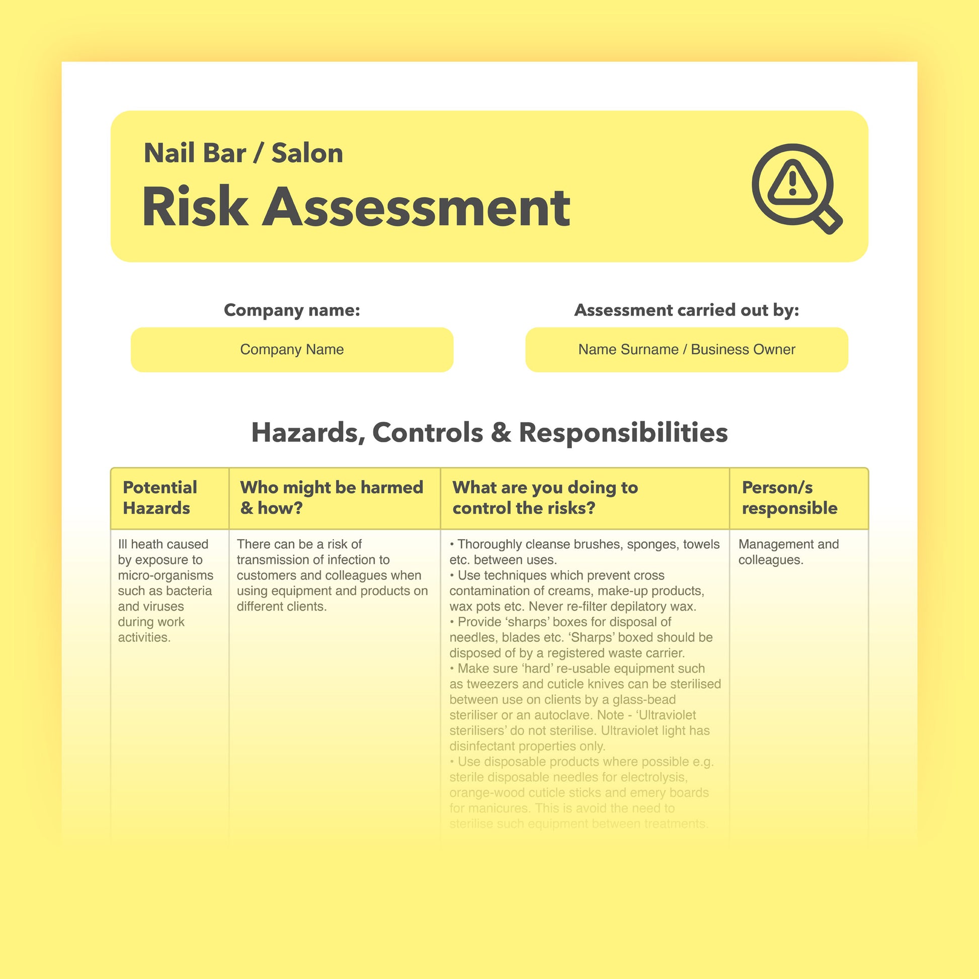 Editable, pre-filled risk assessment template for nail salons, manicurists and pedicurists – fully compliant with health and safety regulations.