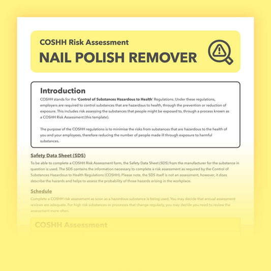 Prefillled COSHH risk assessment for nail polish remover