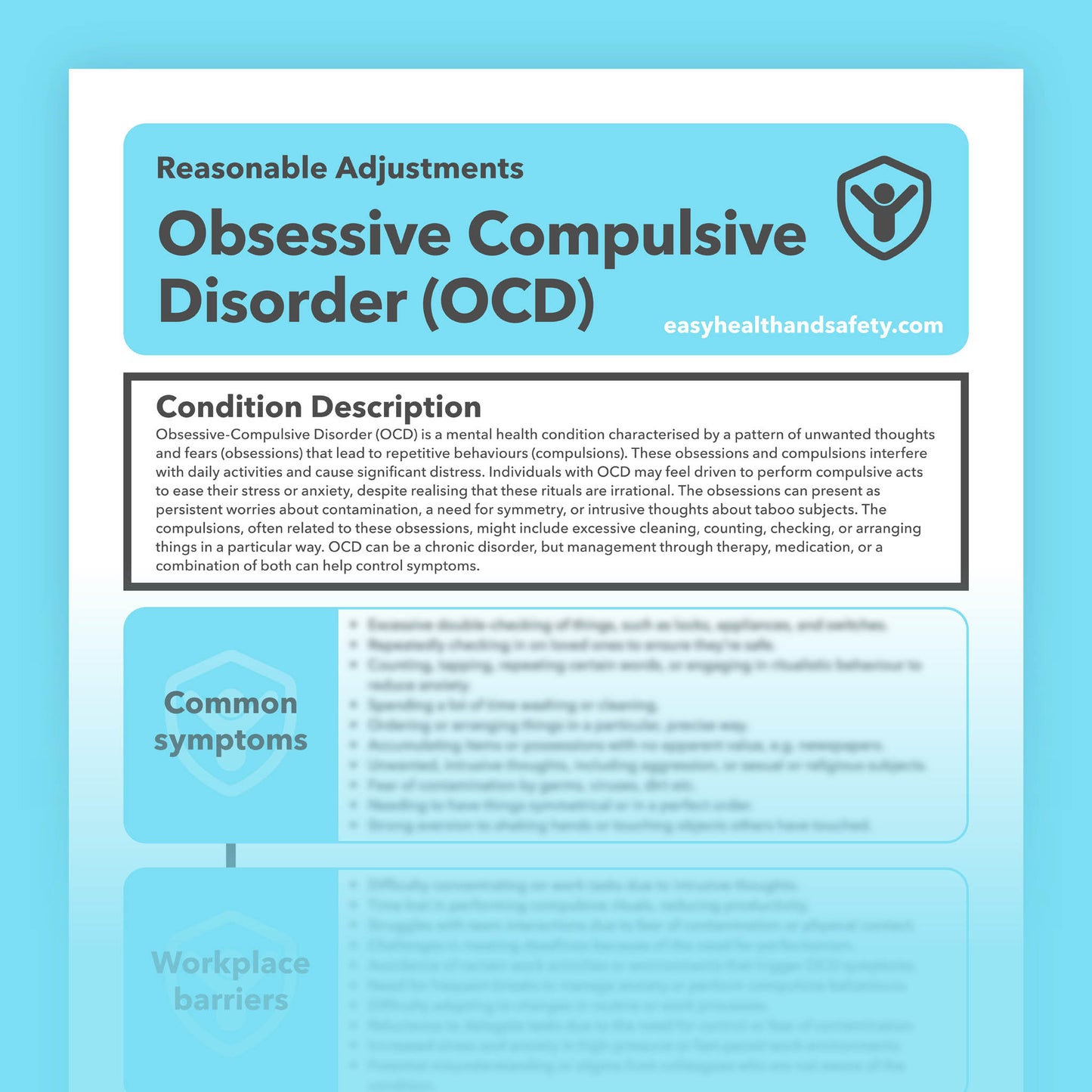 Reasonable adjustments guide for individuals with Obsessive Compulsive Disorder (OCD) in the workplace.