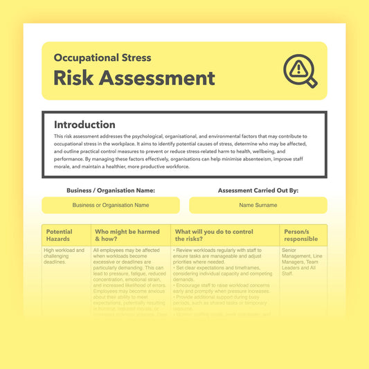 Occupational Stress Risk Assessment Template for reducing work-related stress, identifying psychosocial hazards, and improving staff wellbeing — pre-filled, editable, and ready-to-use.