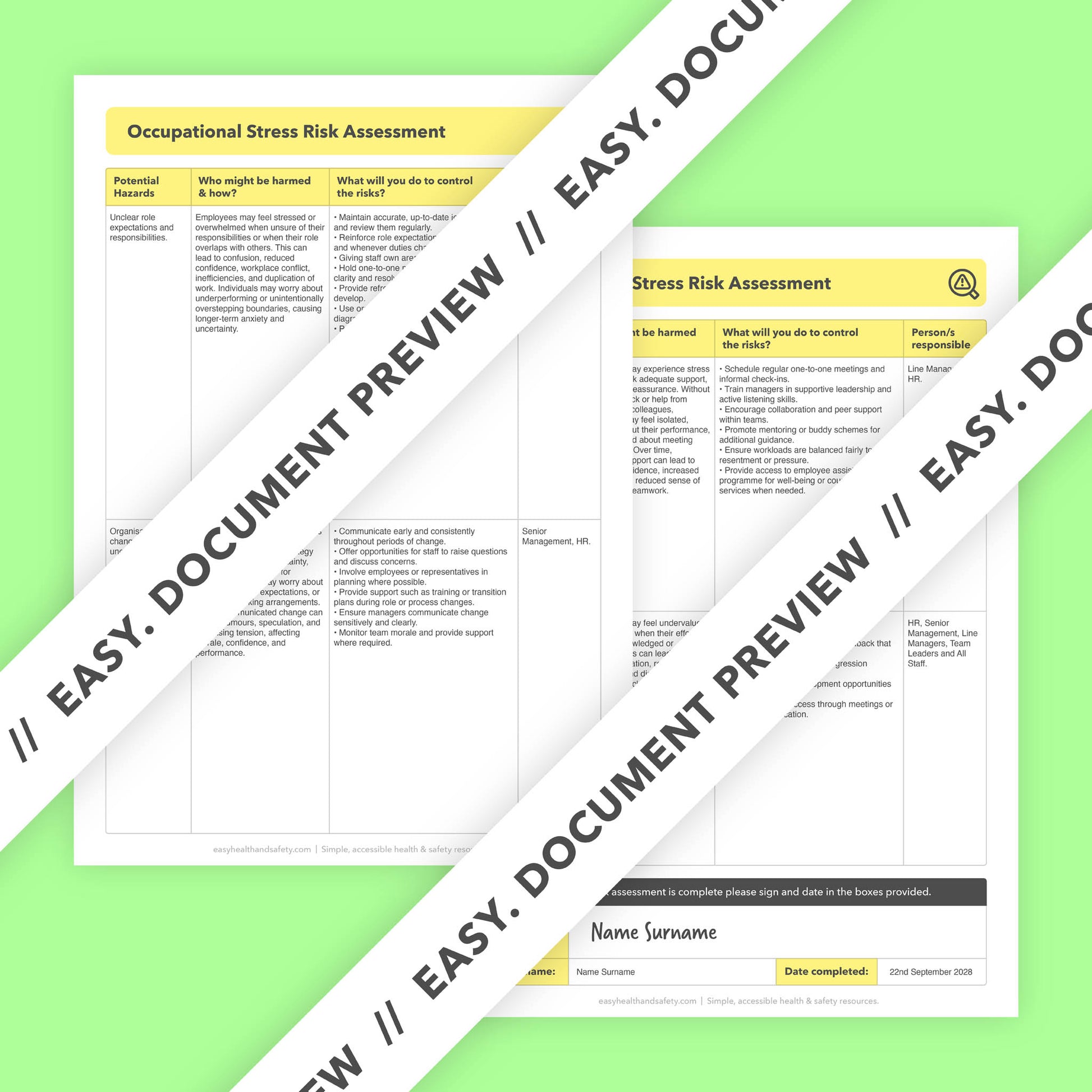 Occupational Stress Risk Assessment Template for reducing work-related stress, identifying psychosocial hazards, and improving staff wellbeing — pre-filled, editable, and ready-to-use.