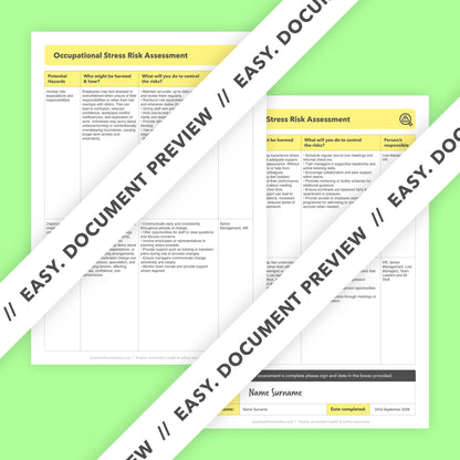 Occupational Stress Risk Assessment Template for reducing work-related stress, identifying psychosocial hazards, and improving staff wellbeing — pre-filled, editable, and ready-to-use.