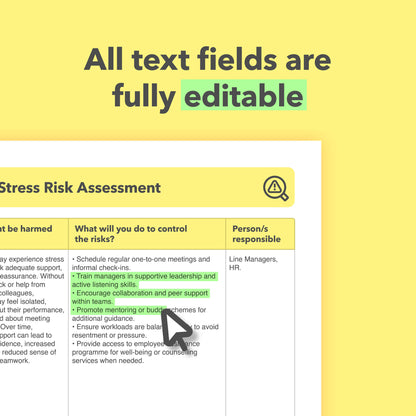 Occupational Stress Risk Assessment Template for reducing work-related stress, identifying psychosocial hazards, and improving staff wellbeing — pre-filled, editable, and ready-to-use.