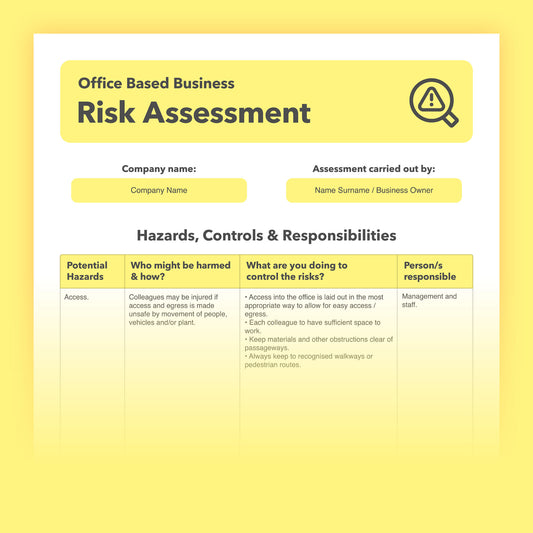 Editable, pre-filled risk assessment template for offices and office based businesses – fully compliant with health and safety regulations.