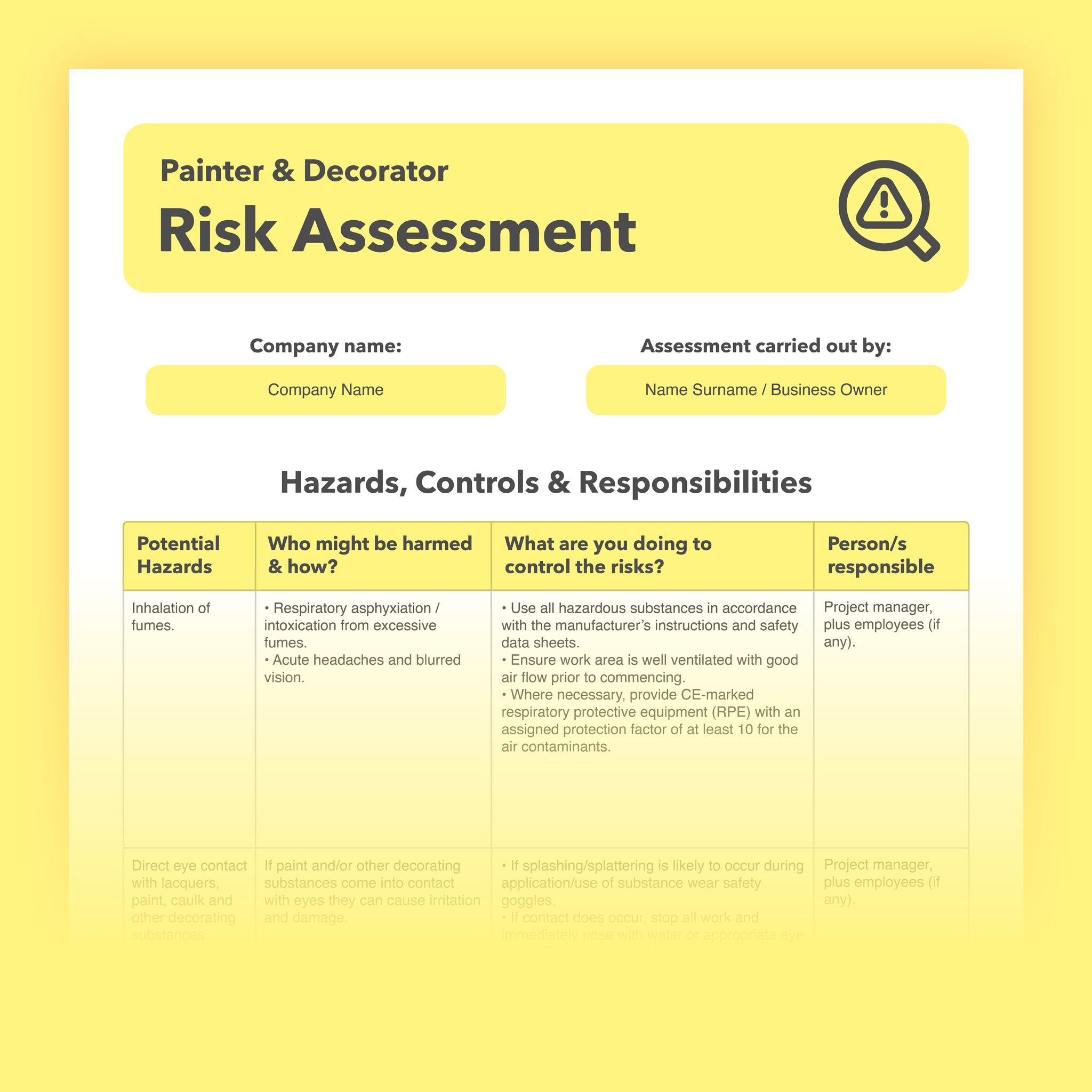 Decorating Risk Assessment Sample Health & Safety Risk Assessment Document Templates – easyhealthandsafety