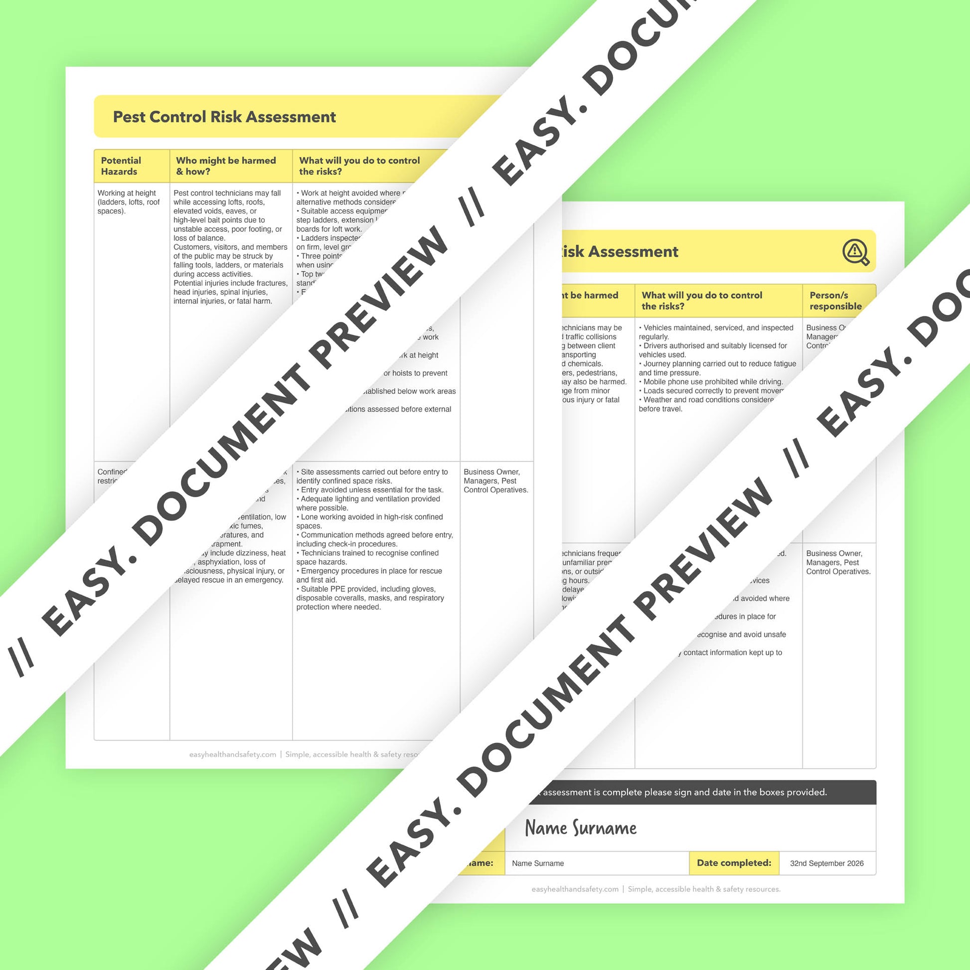 Editable, pre-filled risk assessment template for pest controllers, pest control businesses, and pest management services — easy to use and fully compliant with health and safety regulations.