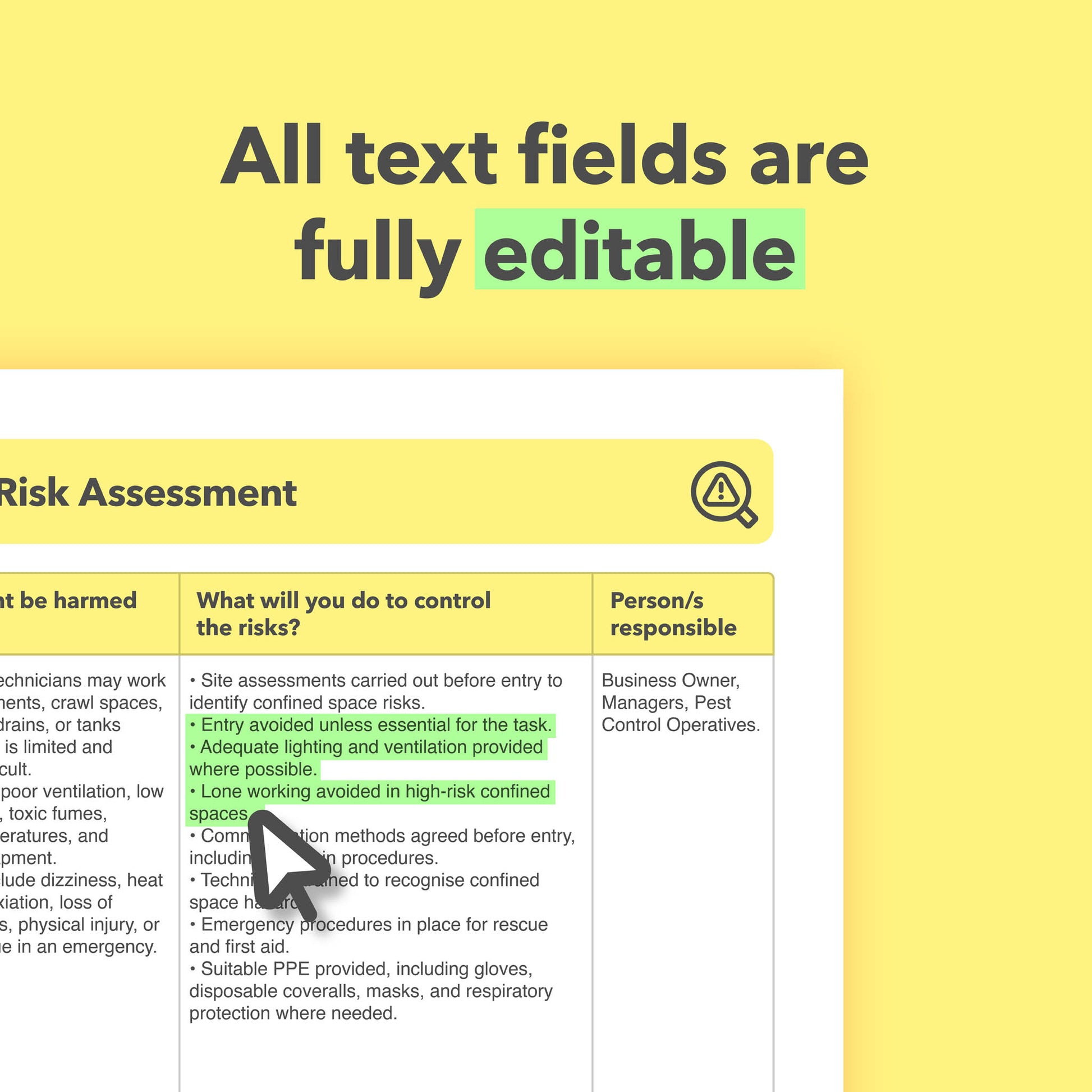 Editable, pre-filled risk assessment template for pest controllers, pest control businesses, and pest management services — easy to use and fully compliant with health and safety regulations.