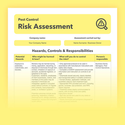 Editable, pre-filled risk assessment template for pest controllers, pest control businesses, and pest management services — easy to use and fully compliant with health and safety regulations.