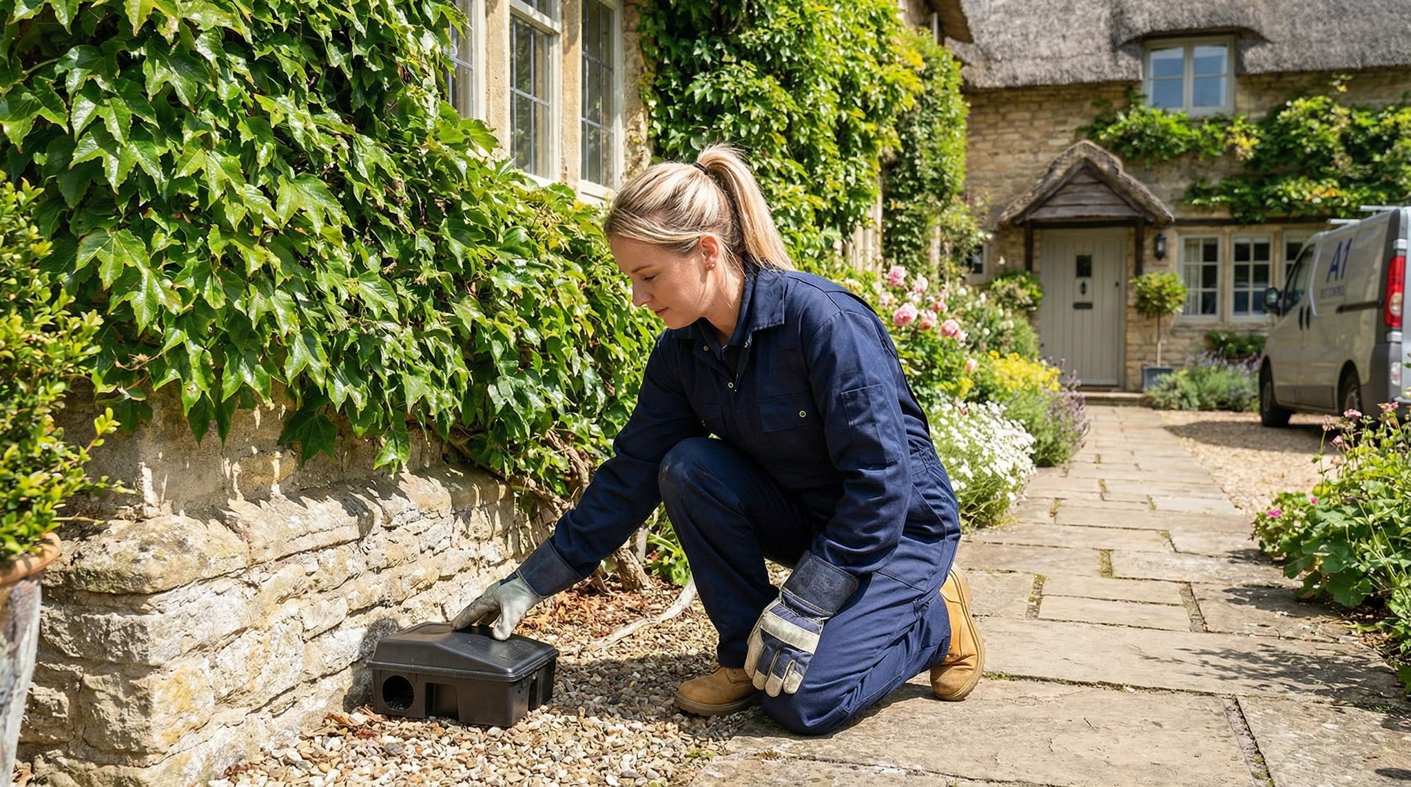 Pest control worker setting up a rodent bait box outside a customer's house.