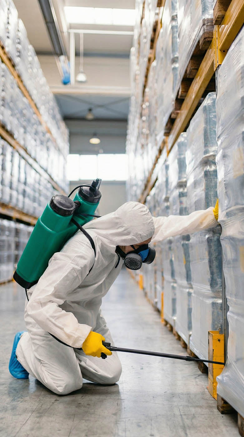 Pest controller in a warehouse crouched down spraying pesticide with sprayer.