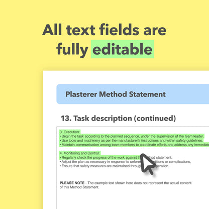 RAMS template for Plasterers and plastering work. This risk assessment and method statement  template comes pre-filled with relevant content for ease of use.