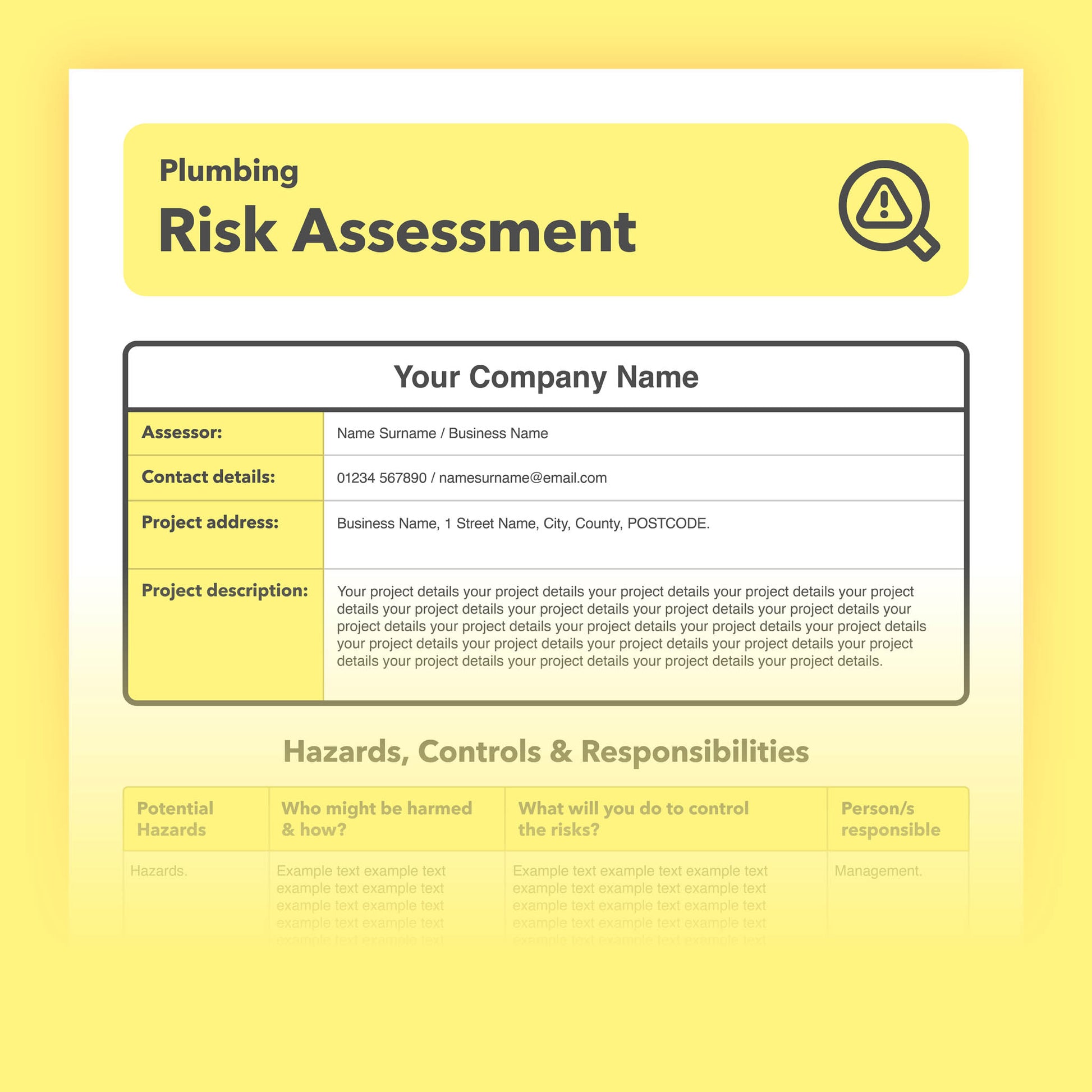 Risk assessment template for Plumbers and Plumbing. This health & safety risk assessment comes pre-completed for ease of use.