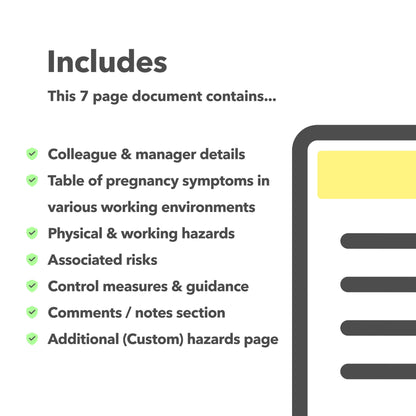 Editable, pre-filled risk assessment for pregnant employees and new mothers – compliant with workplace health and safety regulations.