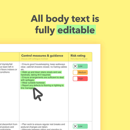 Editable, pre-filled risk assessment for pregnant employees and new mothers – compliant with workplace health and safety regulations.