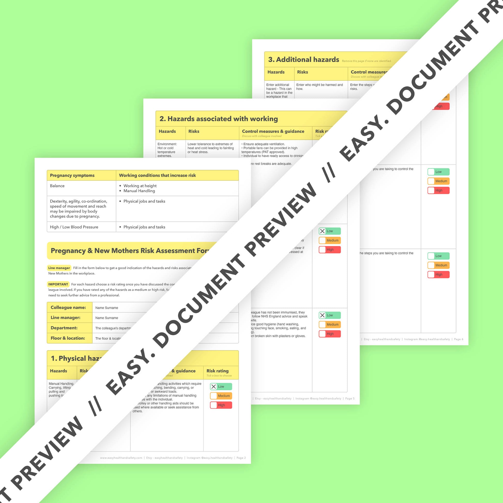 Editable, pre-filled risk assessment for pregnant employees and new mothers – compliant with workplace health and safety regulations.