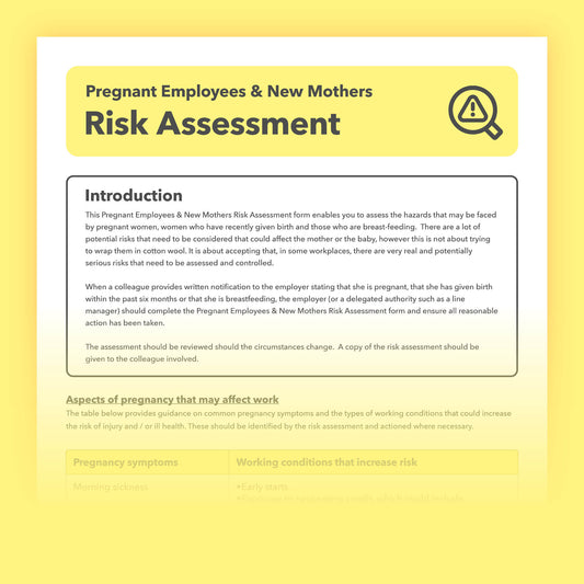 Editable, pre-filled risk assessment for pregnant employees and new mothers – compliant with workplace health and safety regulations.