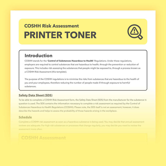 Prefillled COSHH risk assessment for printer toner
