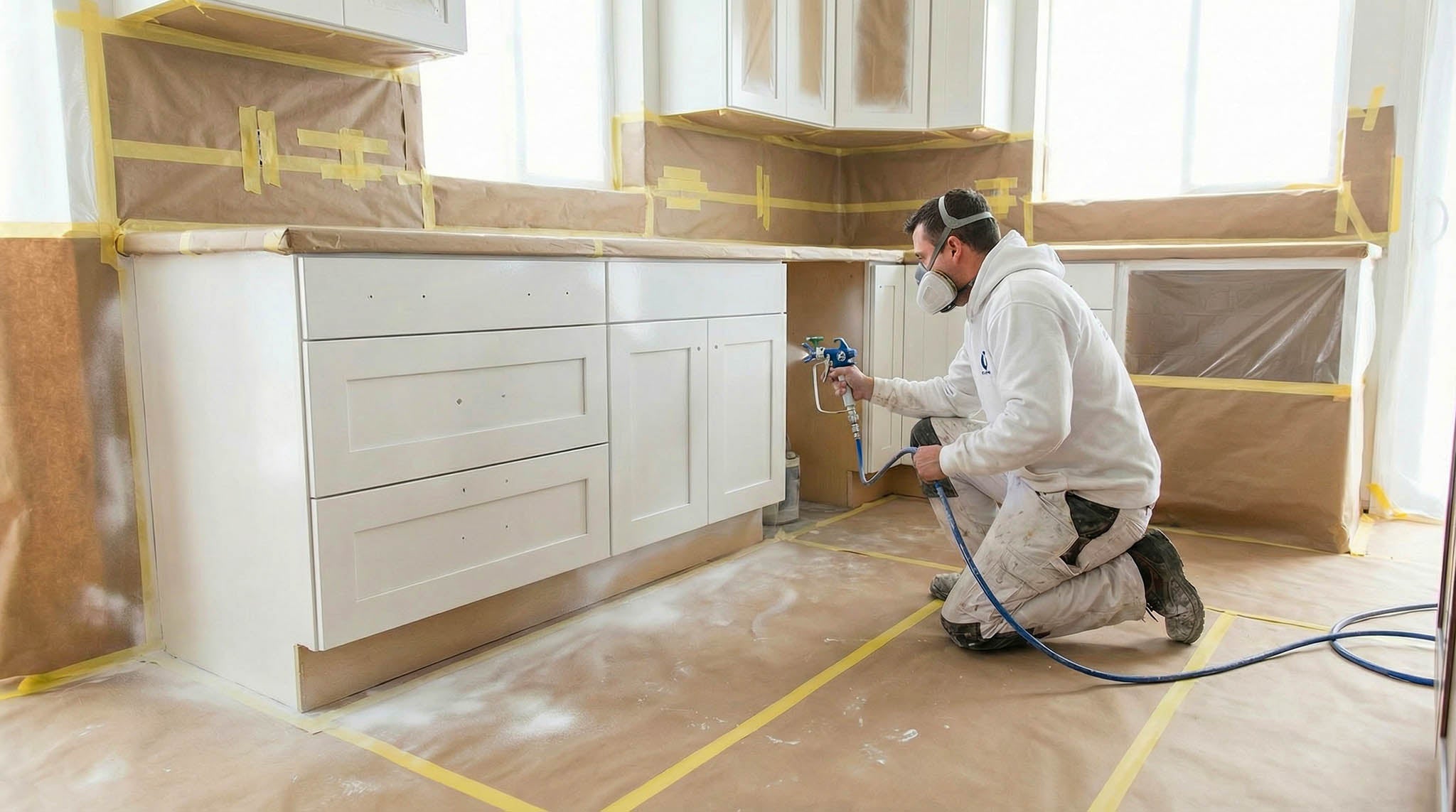 Professional kitchen sprayer painting the cabinets in a client's kitchen.