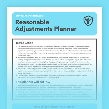 Reasonable adjustments Planner for supporting individuals with health conditions, impairments, disabilities, or those who are neurodivergent in the workplace.