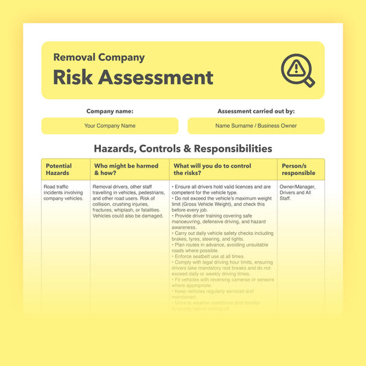 Editable, pre-filled risk assessment for removal companies, house moving companies, furniture removal services, and man and van businesses – easy to use and compliant with health and safety regulations.