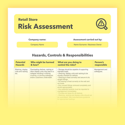 Editable, pre-filled risk assessment template for retail stores, shops, and outlets – fully compliant with health and safety regulations.
