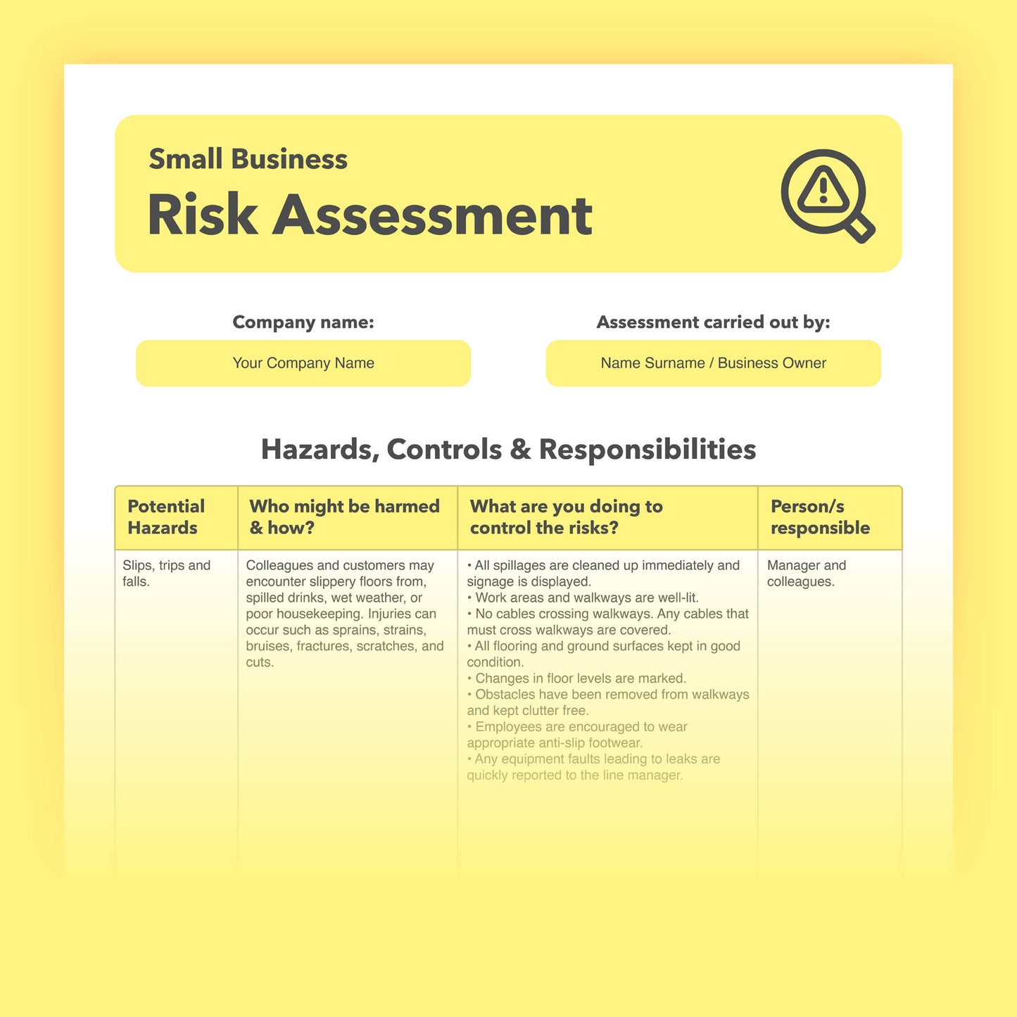 Editable, pre-filled risk assessment template for small businesses and sole traders – fully compliant with health and safety regulations.