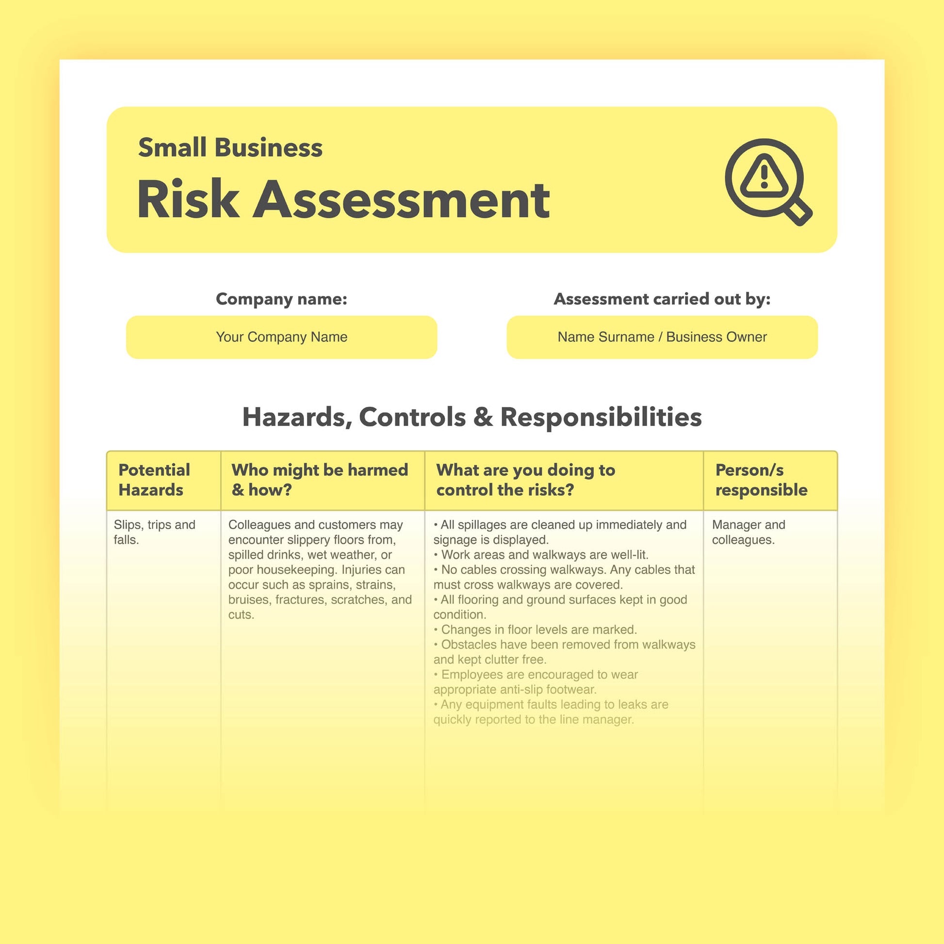 Editable, pre-filled risk assessment template for small businesses and sole traders – fully compliant with health and safety regulations.