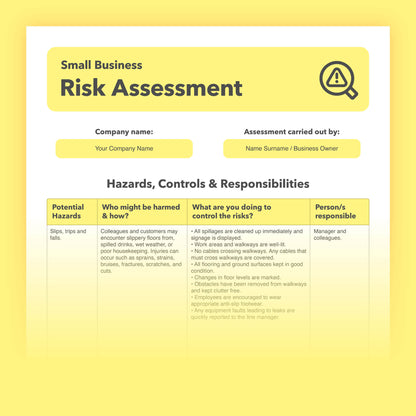 Editable, pre-filled risk assessment template for small businesses and sole traders – fully compliant with health and safety regulations.