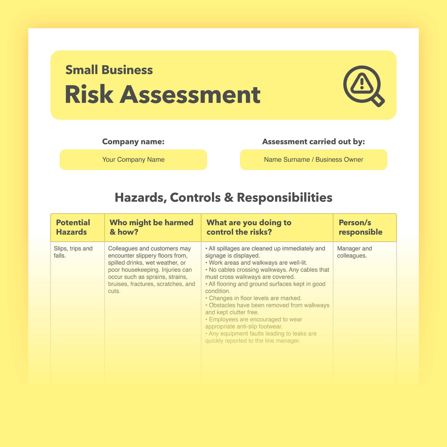 Risk assessment template for Small businesses