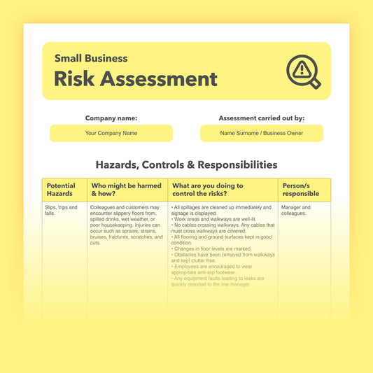 Risk assessment template for Small businesses and sole traders. This health and safety risk assessment comes pre-filled for ease of use.