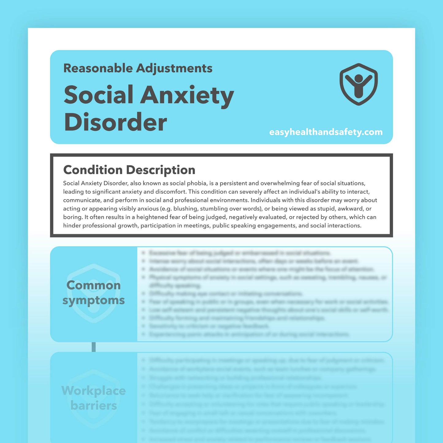 Reasonable adjustments guide for individuals with Social Anxiety Disorder in the workplace.