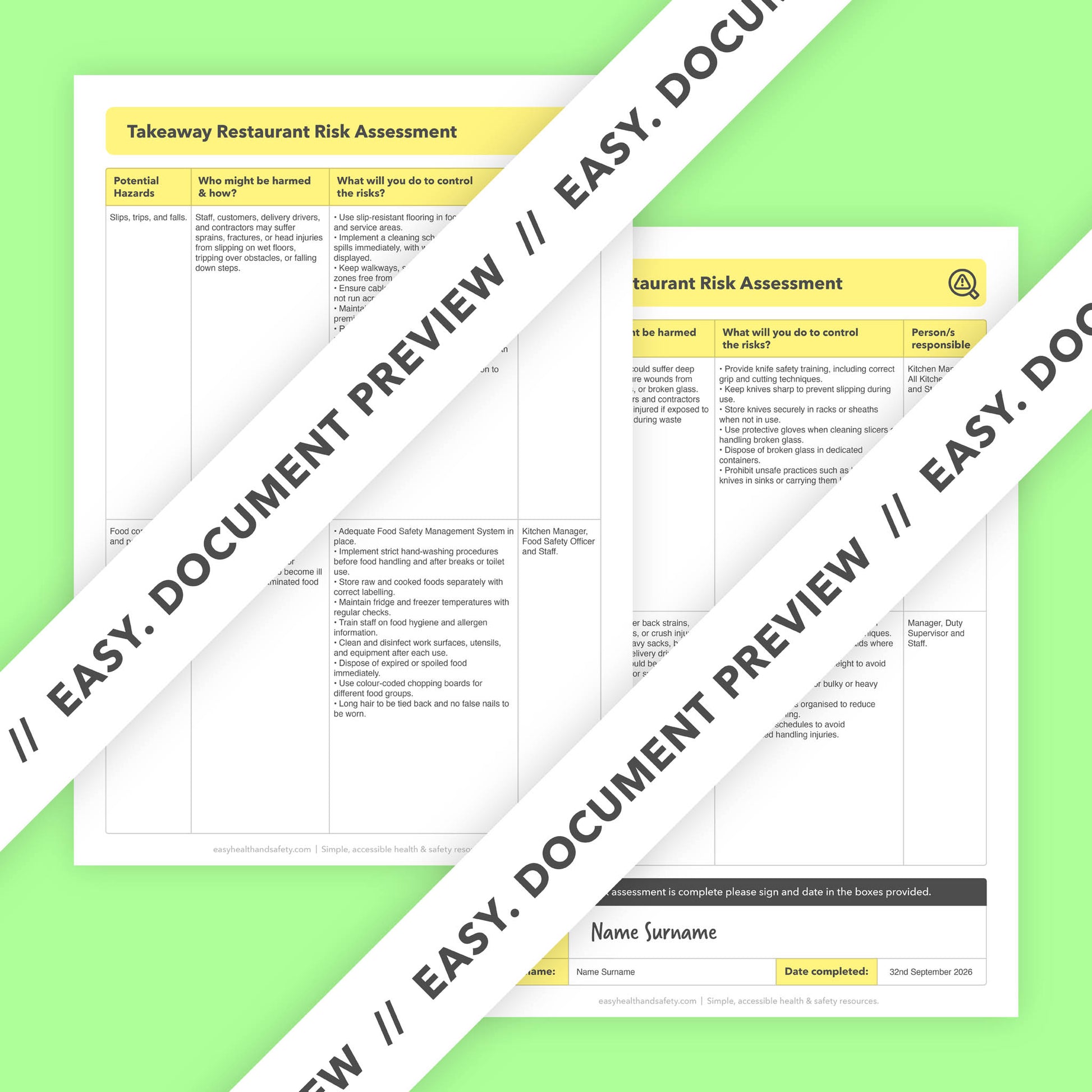 Editable pre-filled health and safety risk assessment template for takeaway restaurants, fast food businesses, hot food shops, and food-to-go outlets – fully compliant and easy to use.