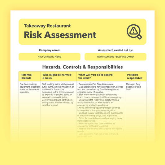 Editable pre-filled health and safety risk assessment template for takeaway restaurants, fast food businesses, hot food shops, and food-to-go outlets – fully compliant and easy to use.