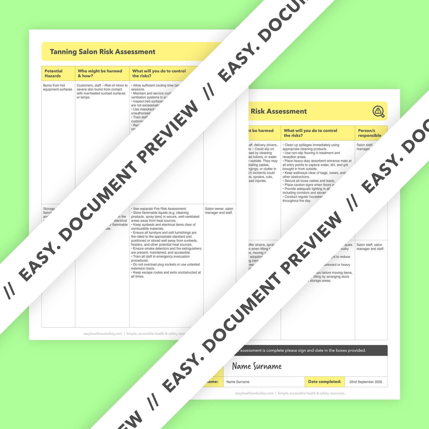 Editable, pre-filled risk assessment for tanning salons, sunbed shops, and studios – compliant with health and safety regulations.