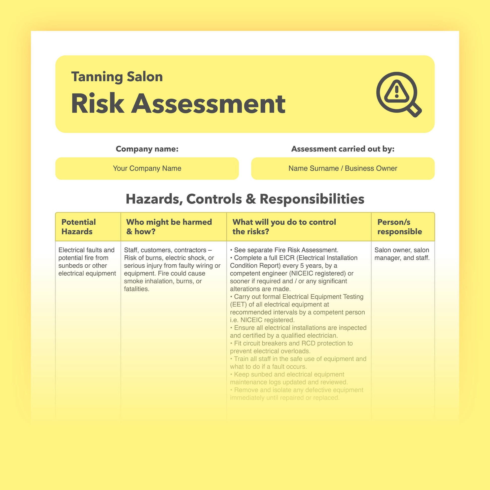 Editable, pre-filled risk assessment for tanning salons, sunbed shops, and studios – compliant with health and safety regulations.