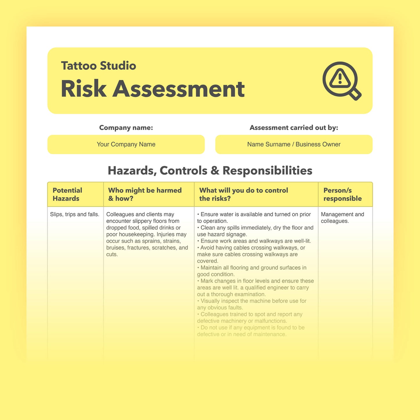 Editable, pre-filled risk assessment template for tattoo studios, tattooists, tattoo shops, and parlours – fully compliant with health and safety regulations.