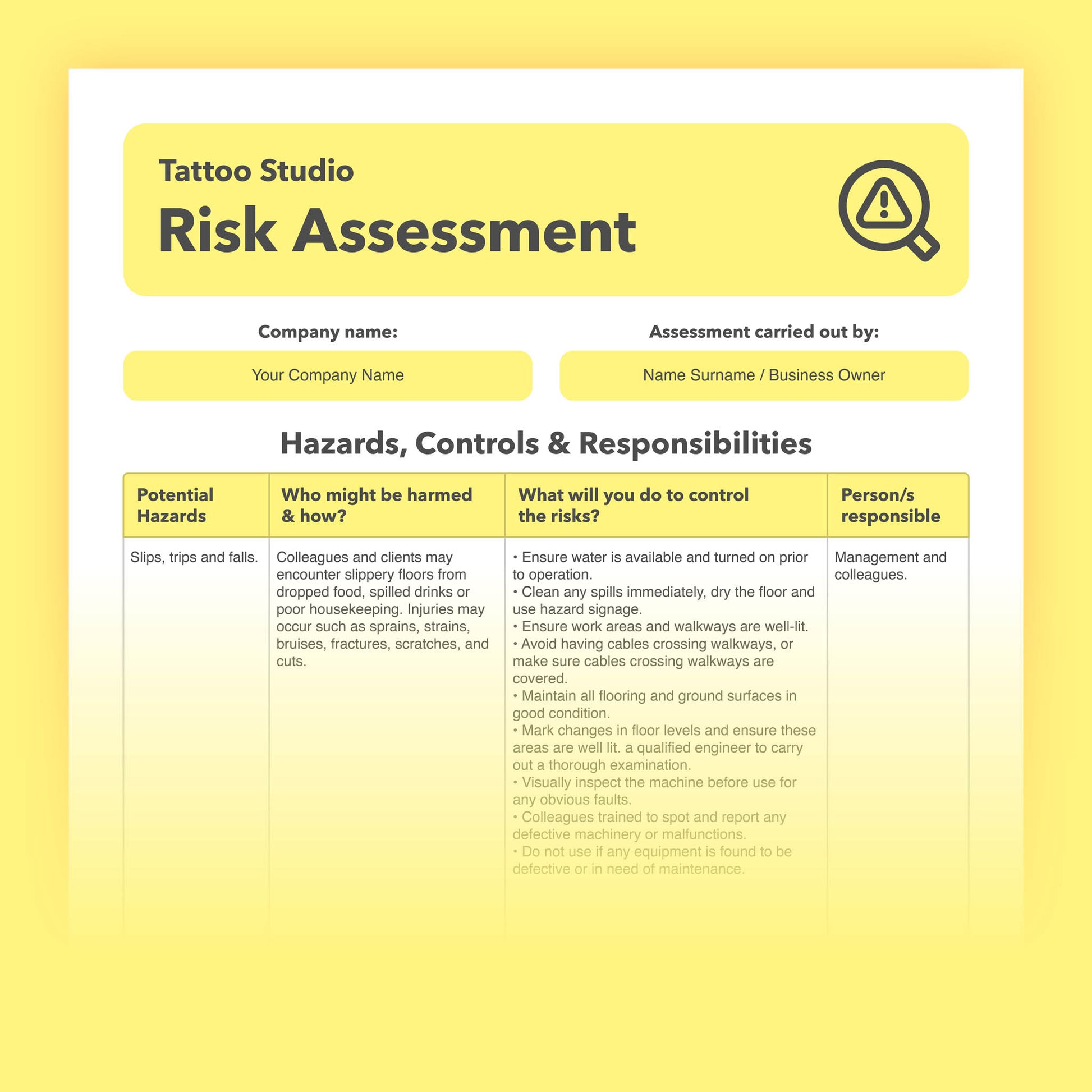 Editable, pre-filled risk assessment template for tattoo studios, tattooists, tattoo shops, and parlours – fully compliant with health and safety regulations.