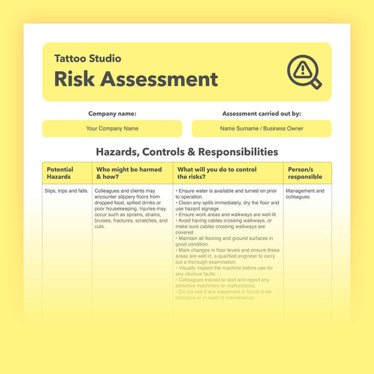 Editable, pre-filled risk assessment template for tattoo studios, tattooists, tattoo shops, and parlours – fully compliant with health and safety regulations.
