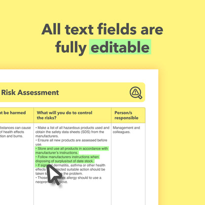 Editable, pre-filled risk assessment template for tattoo studios, tattooists, tattoo shops, and parlours – fully compliant with health and safety regulations.