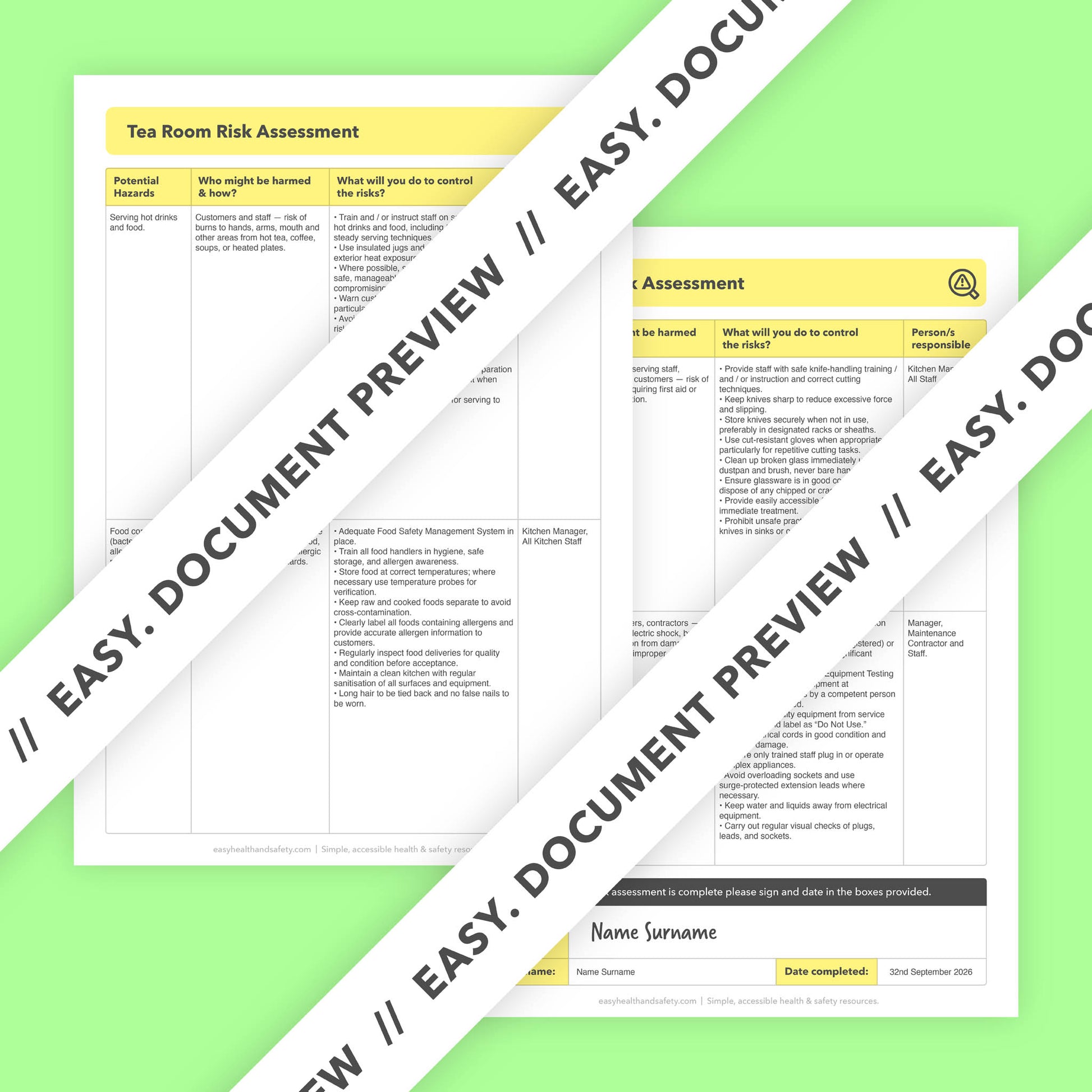 Editable, pre-filled risk assessment template for tea rooms, tea shops, and afternoon tea venues – fully compliant with health and safety regulations.