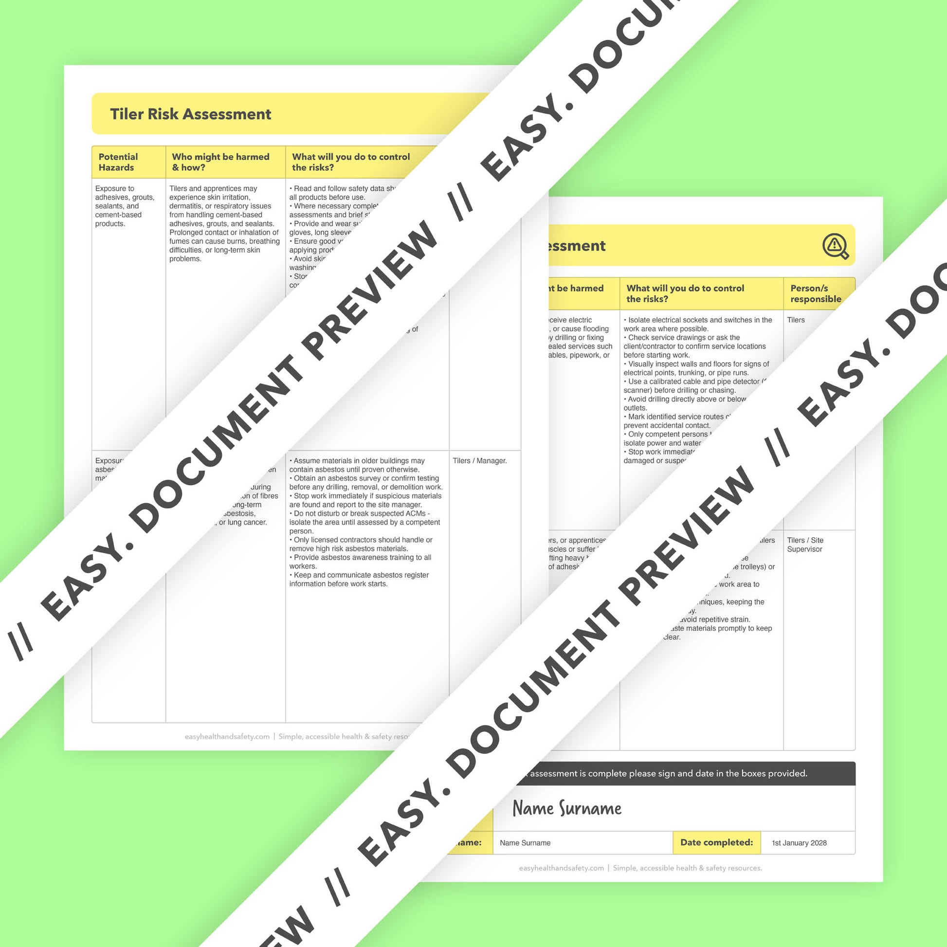 Editable, pre-filled risk assessment template for tilers, tiling work and tiling businesses – easy to use and fully compliant with health and safety regulations.